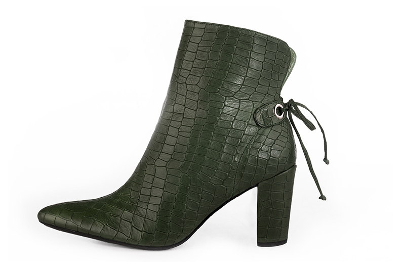 Forest green women's ankle boots with laces at the back. Tapered toe. High block heels. Profile view - Florence KOOIJMAN